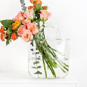 Glass Purse Vase with Handle – 10 Inch Handmade Clear Glass Handbag Vase, Multifunctional Centerpiece for Flowers, Fish Tank, or Home Decor, Table, Bedroom, Kitchen, and Events in Saudi Arabia