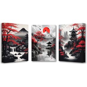 PBXBJY لوحة فنية جدارية من القماش الياباني مكونة من 3 قطع من لوحات المناظر الطبيعية اليابانية وأشجار زهر الكرز باللونين الأحمر والأسود وإطار ديكور لغرفة المعيشة والمكتب (12 × 16 بوصة × 3 قطع) in Kuwait