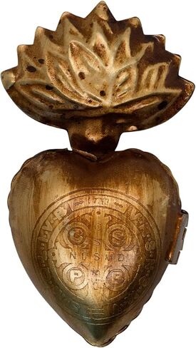 VILLAGE GIFT IMPORTERS Metal Milagros Heart Wall Ornament | Mexican Inspired Folk Art Religious Wall Decor | Gold-Tone | Saint Benedict Medal Design | Catholic Home Decoration (3.5 Gold-Tone) in Saudi Arabia