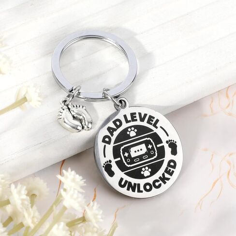 Expecting Dad Level Unlocked Keychain,Promoted to Daddy First Time Father to Be Gift Expectant New Dad Keyring from Wife Pregnancy Announcement with Game Controller & Baby Footprint Design in Saudi Arabia