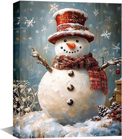 Vintage Snowman Christmas Canvas Wall Art - Framed Winter Scene Farmhouse Prints for Home Decor, Living Room, Holiday Snow Painting Artwork 12x16 Inch in Saudi Arabia