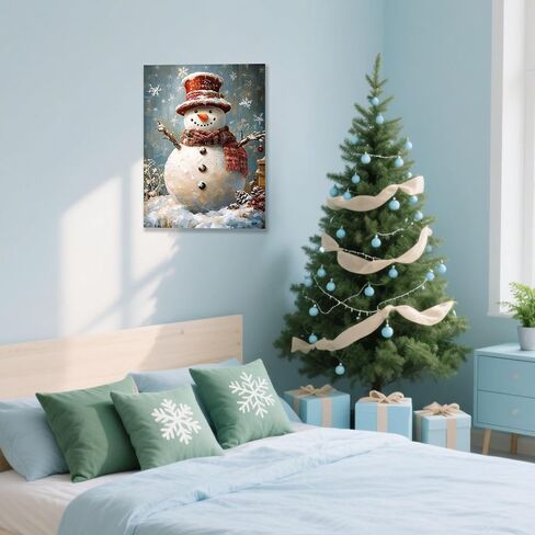 Vintage Snowman Christmas Canvas Wall Art - Framed Winter Scene Farmhouse Prints for Home Decor, Living Room, Holiday Snow Painting Artwork 12x16 Inch in Saudi Arabia