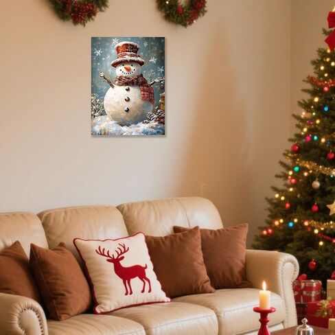Vintage Snowman Christmas Canvas Wall Art - Framed Winter Scene Farmhouse Prints for Home Decor, Living Room, Holiday Snow Painting Artwork 12x16 Inch in Saudi Arabia