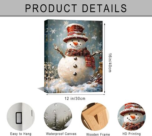 Vintage Snowman Christmas Canvas Wall Art - Framed Winter Scene Farmhouse Prints for Home Decor, Living Room, Holiday Snow Painting Artwork 12x16 Inch in Saudi Arabia