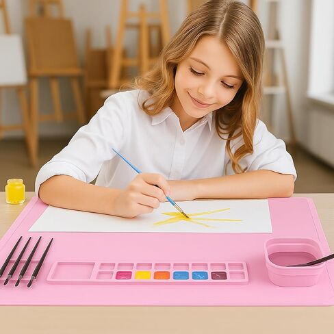 20" x 16" Large Silicone Mats for Crafts, Silicone Painting Mat with Detachable Cleaning Cup, Collapsible Non-Stick Silicone Art Mat Paint Pad Built in Ruler Perfect for Kid Gift (Blue) in Kuwait