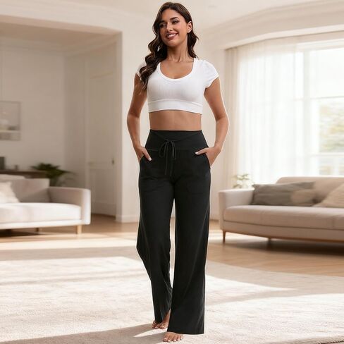 Womens Wide Leg Yoga Pants with Pockets, Stretch High Waisted Workout Casual Loose Lounge Pants in Saudi Arabia