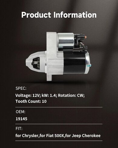 OCPTY starter motor 19145 Compatible for Chrysler 200 15-17 & Jeep Cherokee 14-19, Renegade 15-20 & Fiat 500X 16-18 & Ram ProMaster City 15-20, L4 2.4L, 12V 1.4KW 10 Teeth Clockwise in Saudi Arabia