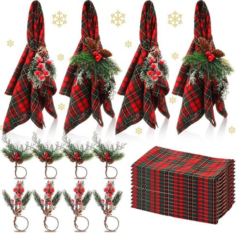 24 Pcs Christmas Napkins and Ring Set 12 Pcs Cloth Dinner Napkin Cocktails Buffalo Plaid Napkins 12 Pcs Christmas Napkin Rings Pine Cone Napkin Holder for Holiday Party Supplies (Red Black) in Kuwait
