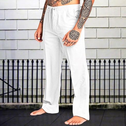 Men Summer Linen Pants Fashion Drawstring Beach Pants Lightweight Jogger Yoga Vacation Pants in Saudi Arabia
