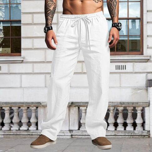 Men Summer Linen Pants Fashion Drawstring Beach Pants Lightweight Jogger Yoga Vacation Pants in Saudi Arabia