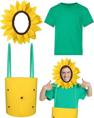 Ramede 3 Pcs Halloween Flower Pot Costume for Adult Sunflower Pot Costume Sunflower Headpiece Green T Shirt Set Funny Plant Dress Garden Potting Fancy Outfit for Men Women Halloween Cosplay Party in Saudi Arabia