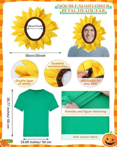 Ramede 3 Pcs Halloween Flower Pot Costume for Adult Sunflower Pot Costume Sunflower Headpiece Green T Shirt Set Funny Plant Dress Garden Potting Fancy Outfit for Men Women Halloween Cosplay Party in Saudi Arabia
