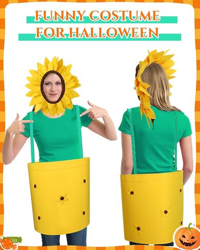 Ramede 3 Pcs Halloween Flower Pot Costume for Adult Sunflower Pot Costume Sunflower Headpiece Green T Shirt Set Funny Plant Dress Garden Potting Fancy Outfit for Men Women Halloween Cosplay Party in Saudi Arabia