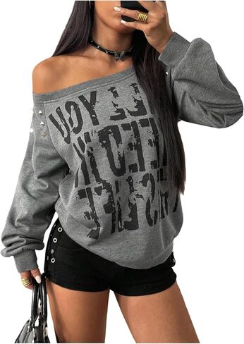 SOLY HUX Women's Letter Graphic Off the Shoulder Sweatshirt Y2k Gothic Rivet Long Sleeve Pullover Tops Streetwear in Saudi Arabia