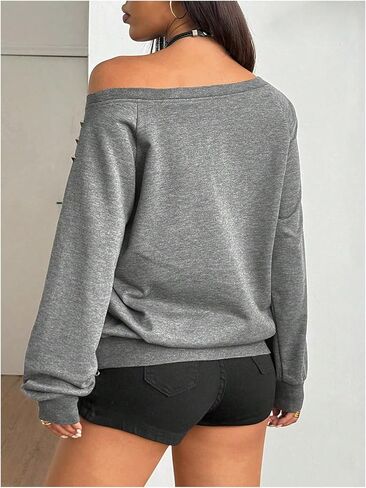 SOLY HUX Women's Letter Graphic Off the Shoulder Sweatshirt Y2k Gothic Rivet Long Sleeve Pullover Tops Streetwear in Saudi Arabia