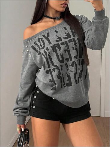 SOLY HUX Women's Letter Graphic Off the Shoulder Sweatshirt Y2k Gothic Rivet Long Sleeve Pullover Tops Streetwear in Saudi Arabia