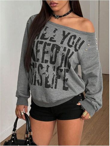 SOLY HUX Women's Letter Graphic Off the Shoulder Sweatshirt Y2k Gothic Rivet Long Sleeve Pullover Tops Streetwear in Saudi Arabia