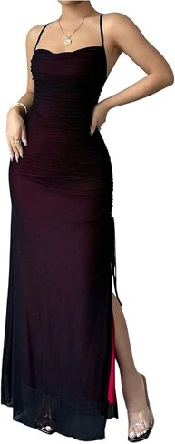 GORGLITTER Women's Mesh Bodycon Maxi Dress Ruched Drawstring Backless Cami Long Dresses with Slit Party Cocktail in Saudi Arabia