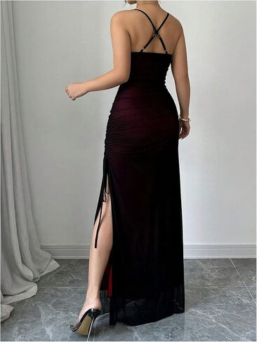 GORGLITTER Women's Mesh Bodycon Maxi Dress Ruched Drawstring Backless Cami Long Dresses with Slit Party Cocktail in Saudi Arabia