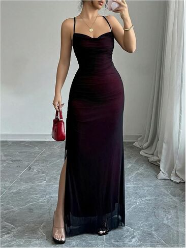 GORGLITTER Women's Mesh Bodycon Maxi Dress Ruched Drawstring Backless Cami Long Dresses with Slit Party Cocktail in Saudi Arabia