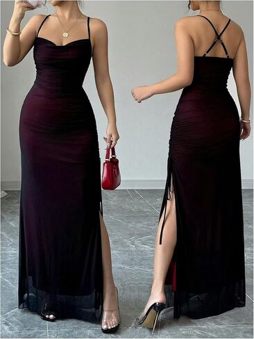 GORGLITTER Women's Mesh Bodycon Maxi Dress Ruched Drawstring Backless Cami Long Dresses with Slit Party Cocktail in Saudi Arabia