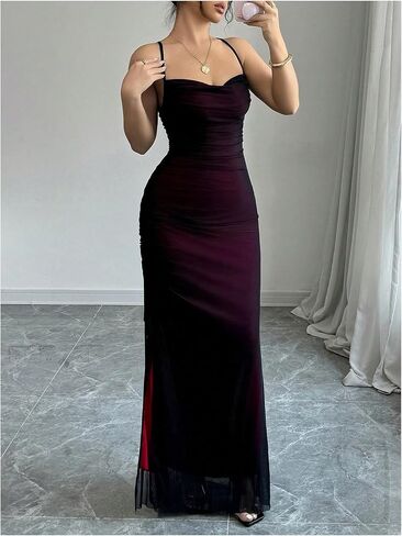 GORGLITTER Women's Mesh Bodycon Maxi Dress Ruched Drawstring Backless Cami Long Dresses with Slit Party Cocktail in Saudi Arabia