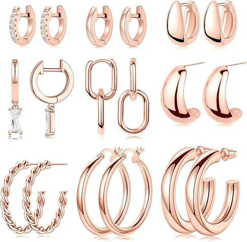 Inerney 9 أزواج من الأقراط الذهبية المكتنزة للنساء العصرية من الفضة الاسترليني المتدلية الأنيقة اللطيفة الصغيرة Huggie الأطواق 14K مطلية بحلقات الغضروف هيبوالرجينيك للنساء حفلة موسيقية الأزياء والمجوهرات هدية in Kuwait