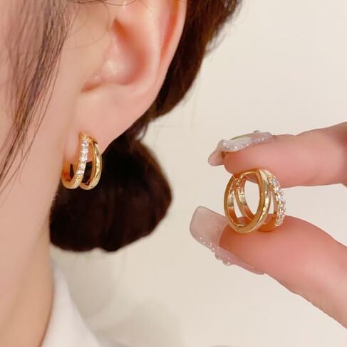Delicate double hoop hollow zirconia earrings 14K thick golden plating light luxury niche design models Dating must-have in Saudi Arabia