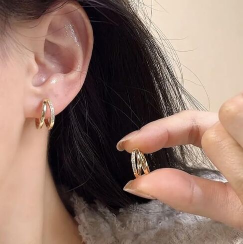 Delicate double hoop hollow zirconia earrings 14K thick golden plating light luxury niche design models Dating must-have in Saudi Arabia
