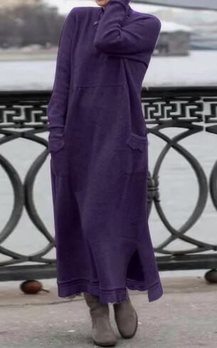Ebossy المرأة عادية فضفاض الدانتيل تقسم البلوز Crewneck الجانب الشق خريف دافئ كنزة صوف فستان ماكسي مع جيب in Kuwait