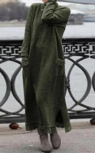 Ebossy المرأة عادية فضفاض الدانتيل تقسم البلوز Crewneck الجانب الشق خريف دافئ كنزة صوف فستان ماكسي مع جيب in Kuwait
