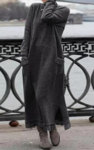 Ebossy المرأة عادية فضفاض الدانتيل تقسم البلوز Crewneck الجانب الشق خريف دافئ كنزة صوف فستان ماكسي مع جيب in Kuwait