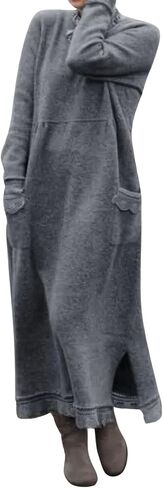 Ebossy المرأة عادية فضفاض الدانتيل تقسم البلوز Crewneck الجانب الشق خريف دافئ كنزة صوف فستان ماكسي مع جيب in Kuwait