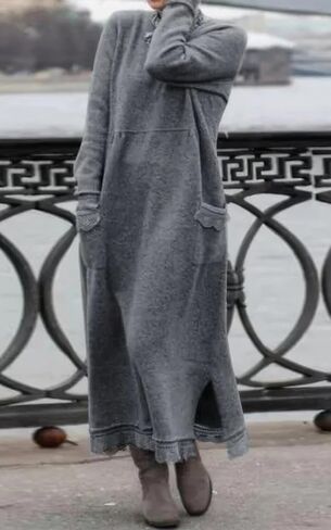 Ebossy المرأة عادية فضفاض الدانتيل تقسم البلوز Crewneck الجانب الشق خريف دافئ كنزة صوف فستان ماكسي مع جيب in Kuwait