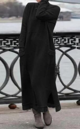 Ebossy المرأة عادية فضفاض الدانتيل تقسم البلوز Crewneck الجانب الشق خريف دافئ كنزة صوف فستان ماكسي مع جيب in Kuwait