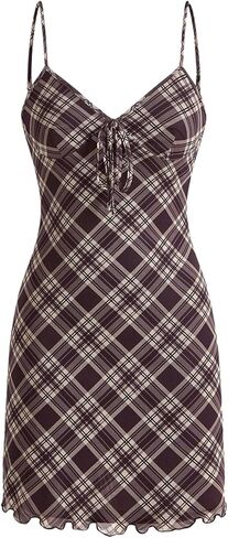Verdusa Women's Plaid Print Bow Tie Mesh Mini Dress Spaghetti Strap Cami Dresses in Saudi Arabia