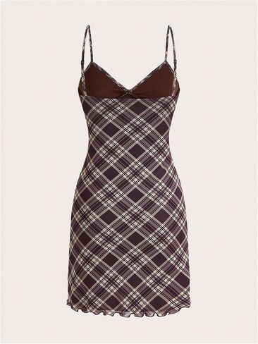 Verdusa Women's Plaid Print Bow Tie Mesh Mini Dress Spaghetti Strap Cami Dresses in Saudi Arabia