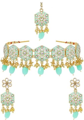 Efulgenz Meenakari Choker Set Indian Jewelry Crystal Kundan Faux Pearl Choker Necklace Earrings Maang Tikka Wedding Bollywood Bridal Jewelry Set for Women in Kuwait
