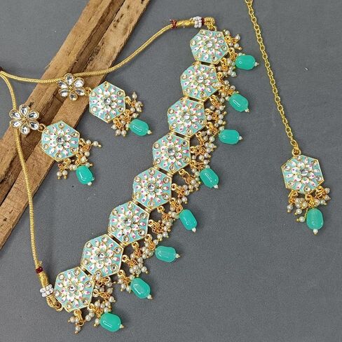 Efulgenz Meenakari Choker Set Indian Jewelry Crystal Kundan Faux Pearl Choker Necklace Earrings Maang Tikka Wedding Bollywood Bridal Jewelry Set for Women in Kuwait