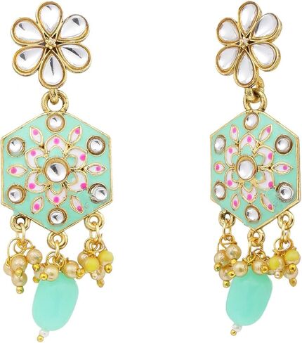 Efulgenz Meenakari Choker Set Indian Jewelry Crystal Kundan Faux Pearl Choker Necklace Earrings Maang Tikka Wedding Bollywood Bridal Jewelry Set for Women in Kuwait