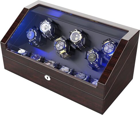 Watch Winder for 12 Storages, Wood Piano Paint Shell+ Extremely Silent Motors, with Soft Flexible Watch Pillow, Built-in Illumination (Pine Bark Pattern) in Saudi Arabia