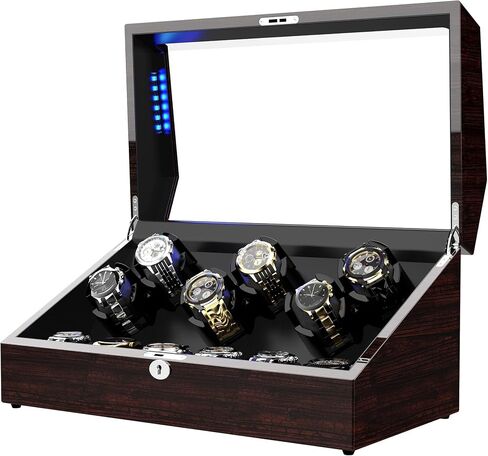 Watch Winder for 12 Storages, Wood Piano Paint Shell+ Extremely Silent Motors, with Soft Flexible Watch Pillow, Built-in Illumination (Pine Bark Pattern) in Saudi Arabia