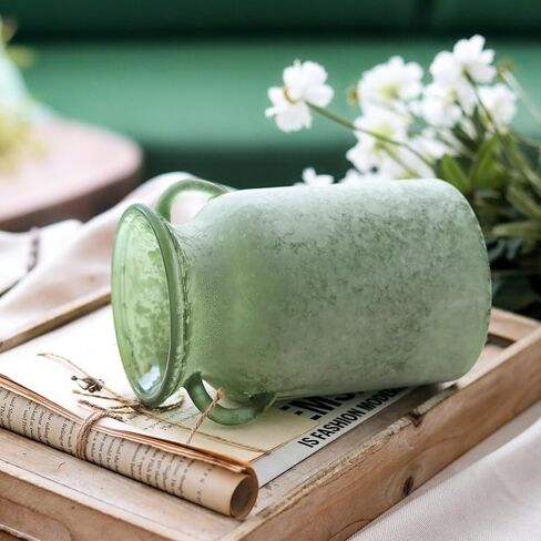 Glass Flower Vase with Handle – 8 Inches Rustic Imitation Ceramic Vase for Flowers, Vintage White Green Centerpiece Decor for Farmhouse, Modern Home, Table & Holiday Decorations in Saudi Arabia