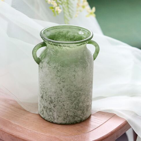 Glass Flower Vase with Handle – 8 Inches Rustic Imitation Ceramic Vase for Flowers, Vintage White Green Centerpiece Decor for Farmhouse, Modern Home, Table & Holiday Decorations in Saudi Arabia