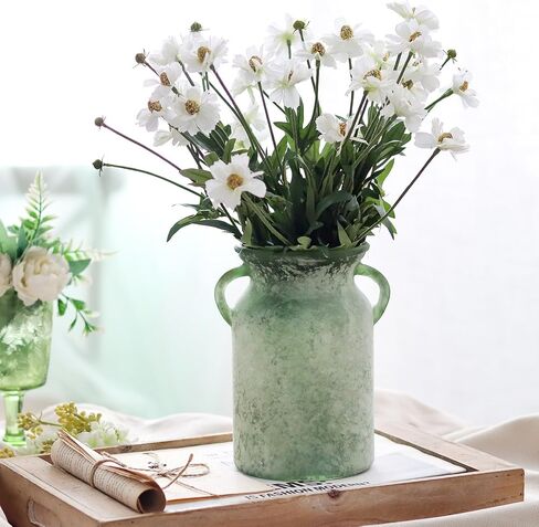 Glass Flower Vase with Handle – 8 Inches Rustic Imitation Ceramic Vase for Flowers, Vintage White Green Centerpiece Decor for Farmhouse, Modern Home, Table & Holiday Decorations in Saudi Arabia