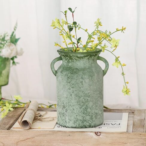 Glass Flower Vase with Handle – 8 Inches Rustic Imitation Ceramic Vase for Flowers, Vintage White Green Centerpiece Decor for Farmhouse, Modern Home, Table & Holiday Decorations in Saudi Arabia