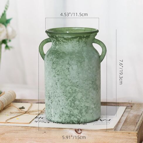 Glass Flower Vase with Handle – 8 Inches Rustic Imitation Ceramic Vase for Flowers, Vintage White Green Centerpiece Decor for Farmhouse, Modern Home, Table & Holiday Decorations in Saudi Arabia