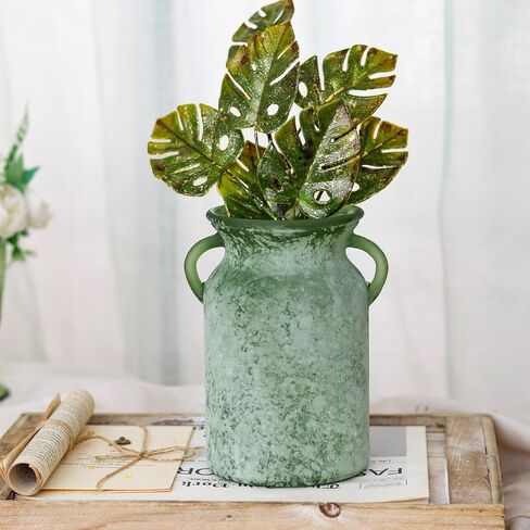 Glass Flower Vase with Handle – 8 Inches Rustic Imitation Ceramic Vase for Flowers, Vintage White Green Centerpiece Decor for Farmhouse, Modern Home, Table & Holiday Decorations in Saudi Arabia