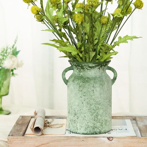 Glass Flower Vase with Handle – 8 Inches Rustic Imitation Ceramic Vase for Flowers, Vintage White Green Centerpiece Decor for Farmhouse, Modern Home, Table & Holiday Decorations in Saudi Arabia