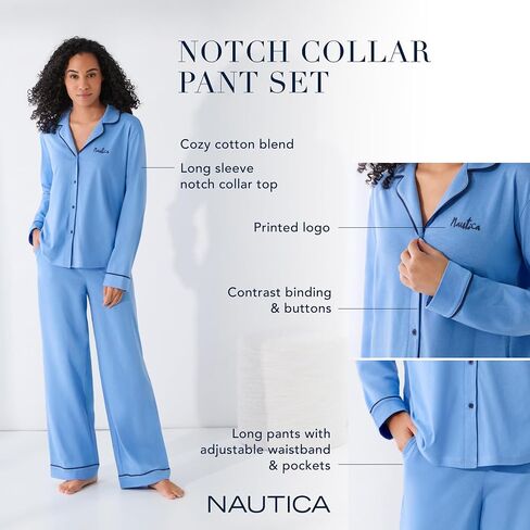 Nautica 2-Piece Notch Collar Pajama Set for Women, Button-Up Top & Drawstring Pants, Cotton Blend, Lightweight in Saudi Arabia